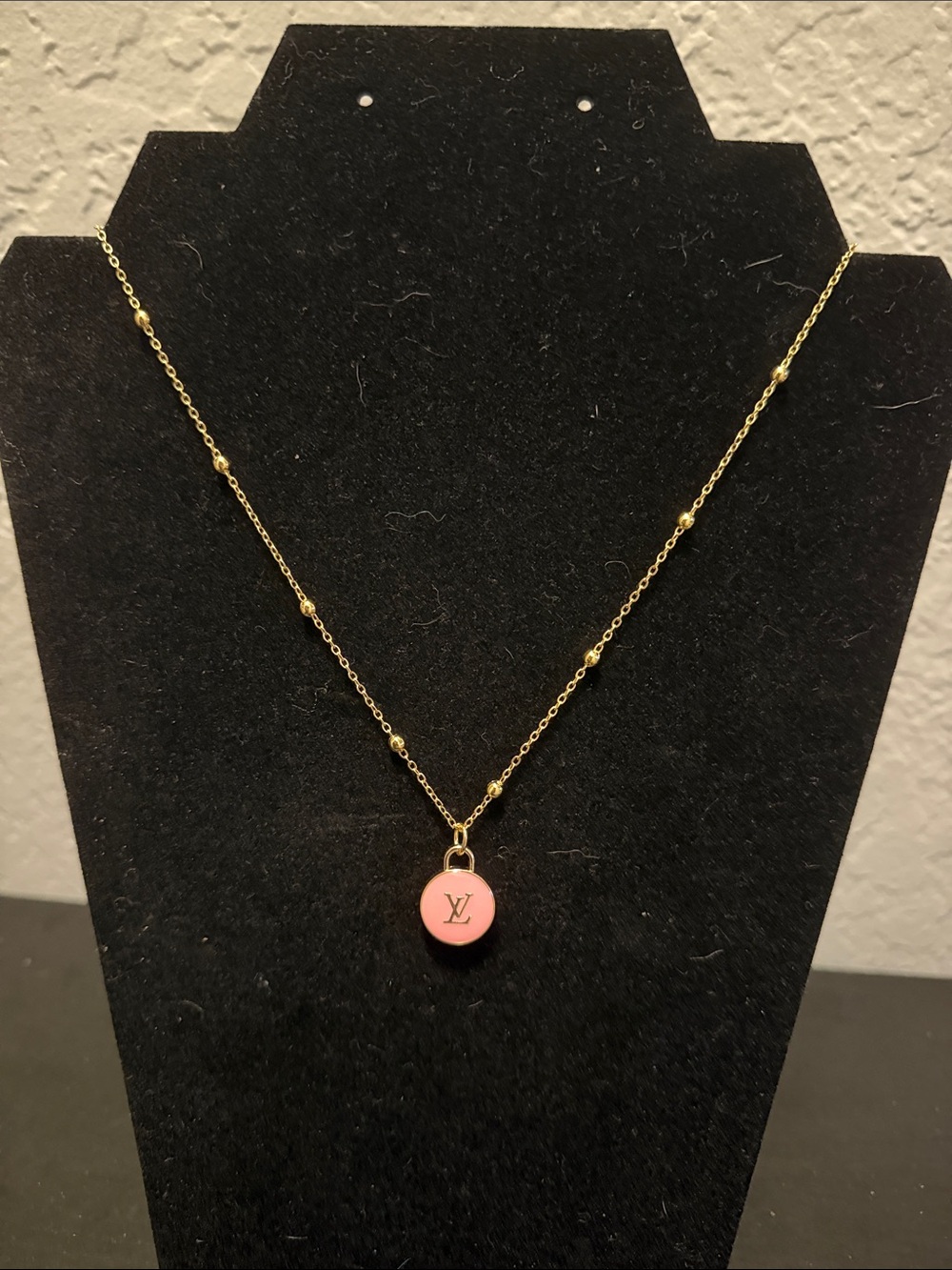 Inspired Gold Chain Necklace with Pink Round Logo Charm
